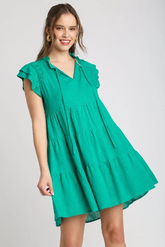 Umgee Linen A-Line Dress in Emerald Green