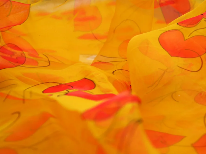 Yellow Hearts Digital Printed Semi Organza Fabric Wedding floral dresses