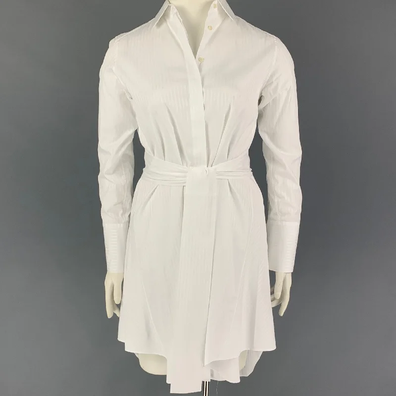 ALEX EAGLE Size 10 White Cotton Stripe Belted Shirt Dress Tied Shirt Dress