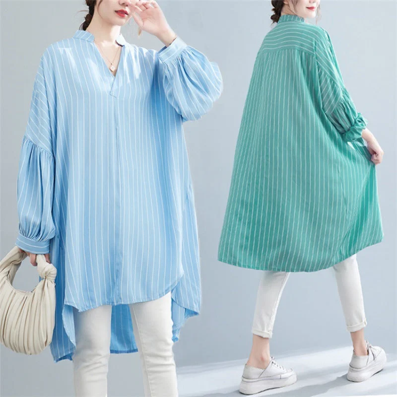 Designed Striped Long Shirts Dresses for Women A-line Shirt Dress