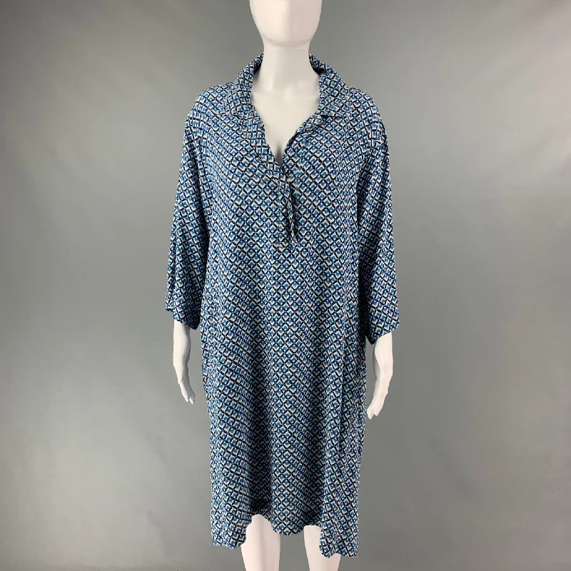 GERARD DAREL Size XL Blue &  White Silk Abstract Shirt dress Dress Striped Shirt Dress