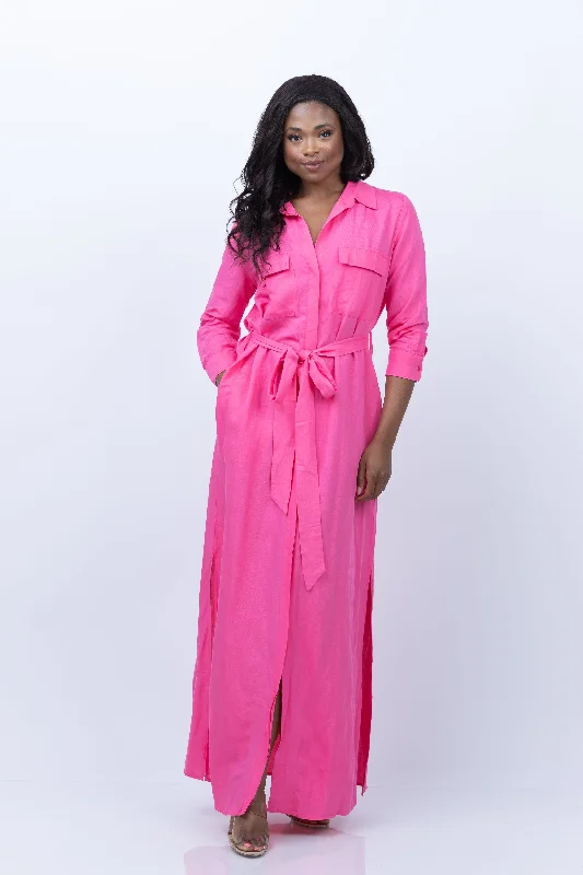 L'AGENCE Cameron Long Shirt Dress in Berry Pink Flared Shirt Dress