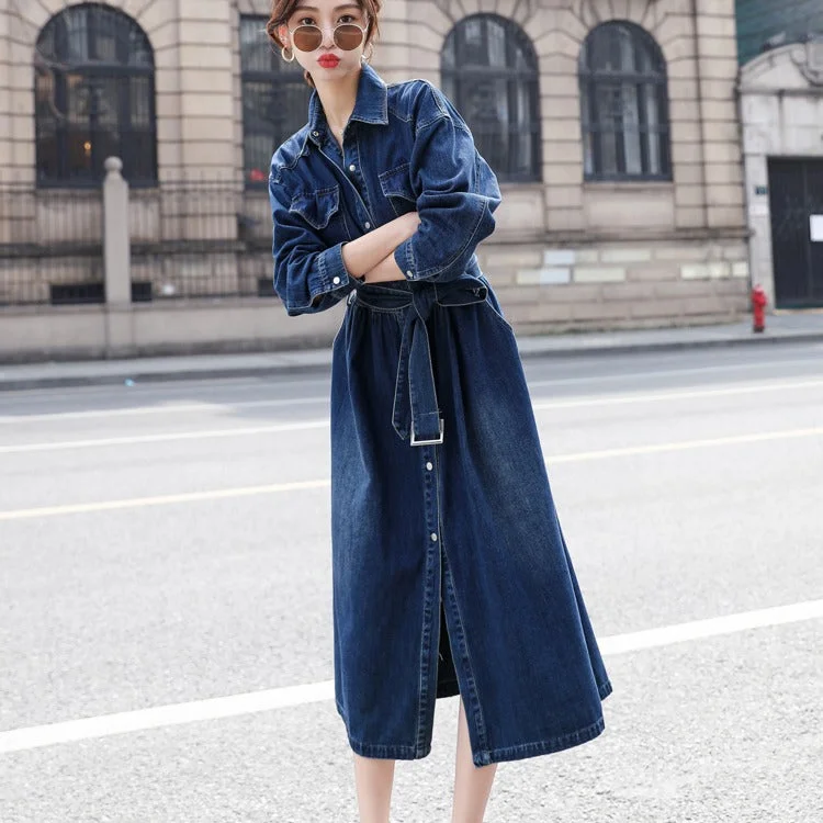 Vintage Denim Fall A Line Long Shirts Dresses Office Shirt Dress