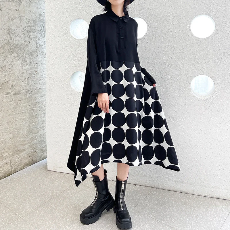 Vintage Dot Print Black Long Sleeves A Line Shirts Dresses Fashion Shirt Dress