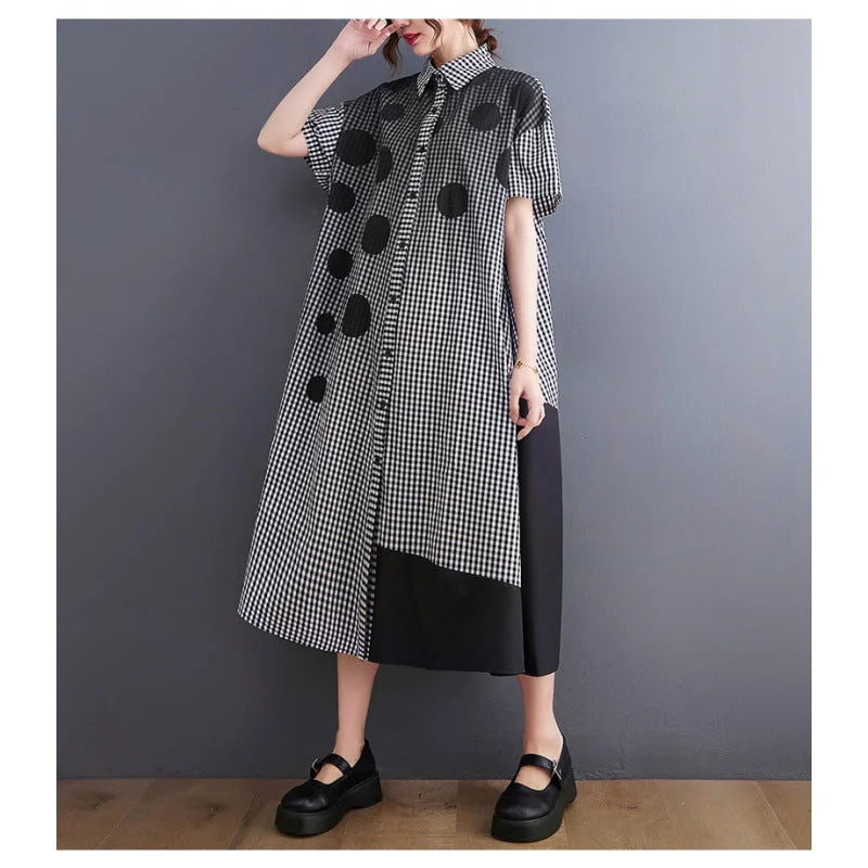 Vintage Dot Print Women Long Shirts Dresses Button-up Shirt Dress