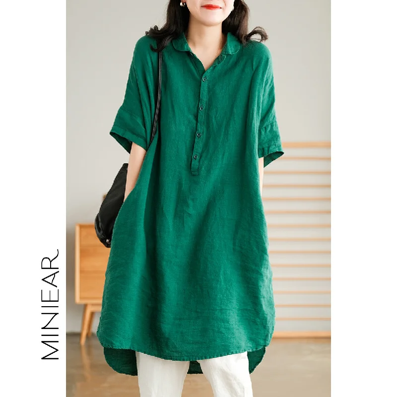 Vintage Linen Women Shirts Mni Dresses Casual Fit Shirt
