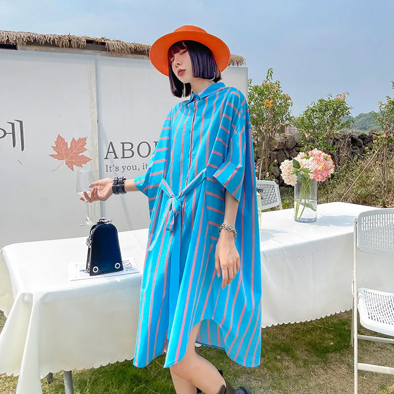 Vintage Striped Summer Short Shirts Dresses Silk Shirt Dress