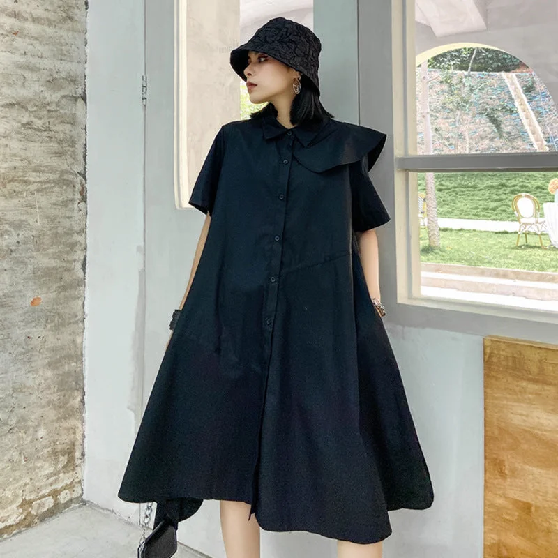 Vintage Summer Irregular Black Shirts Dresses Formal Shirt Dress