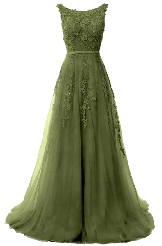 A Line Lace Boat Neck Sleeveless Prom Dresses Formal Evening Gown Lace Dress Twirl