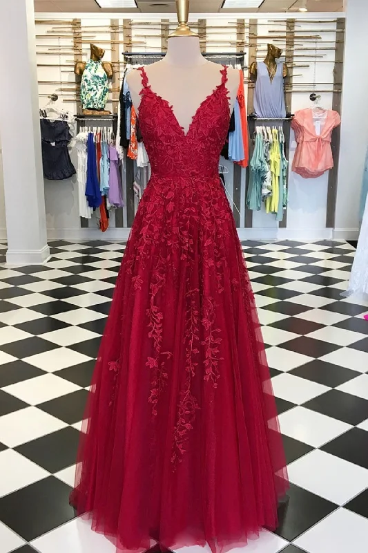 A Line V Neck Burgundy Lace Prom Dresses, Wine Red Lace Formal Evening Dresses Soft Lace Dress A Line V Neck Burgundy Lace Prom Dresses, Wine Red Lace Formal Evening Dresses Soft Lace Dress