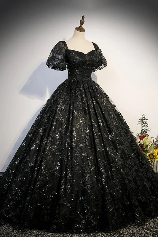 Black Tulle Sequins Long Prom Dress, A-Line Short Sleeve Formal Evening Gown