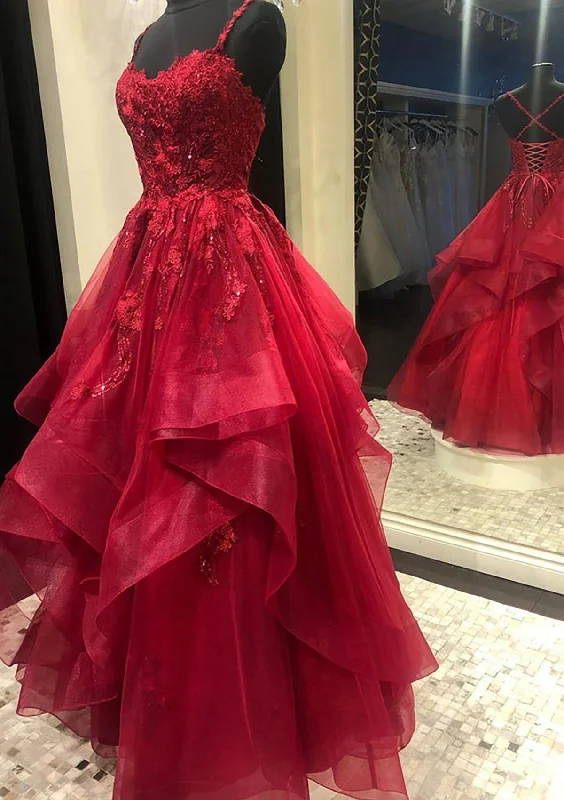 Burgundy Prom Dresses, A-line V Neck Spaghetti Straps Long/Floor-Length Lace Prom Dress With Beading Ruffled Lace Gown Burgundy Prom Dresses, A-line V Neck Spaghetti Straps Long/Floor-Length Lace Prom Dress With Beading Ruffled Lace Gown