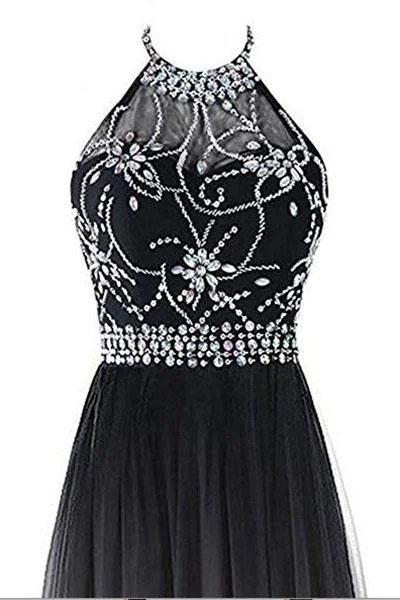 Classy Black And White Halter Lace Up Long Beaded Prom Dress Bohemian Lace Dress