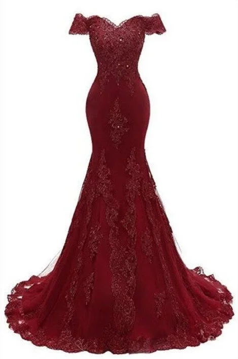 Gorgeous Burgundy Prom Party Gowns| Mermaid Lace Evening Gowns Off-the-shoulder Lace