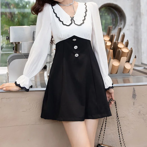 Lace Edge Doll Collar Color-Blocked Long-Sleeved Dress Lace Dress Party