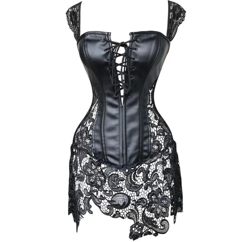 Pleather & Lace Corset Dress (Up to 6XL) Casual Lace Dress