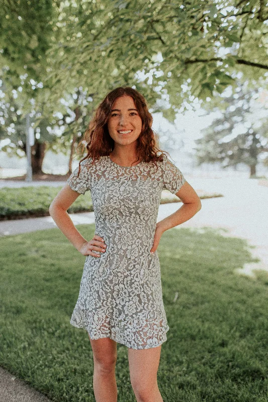 Lora Lace Dress in Dusty Blue PETITE Lace Dress Sparkle