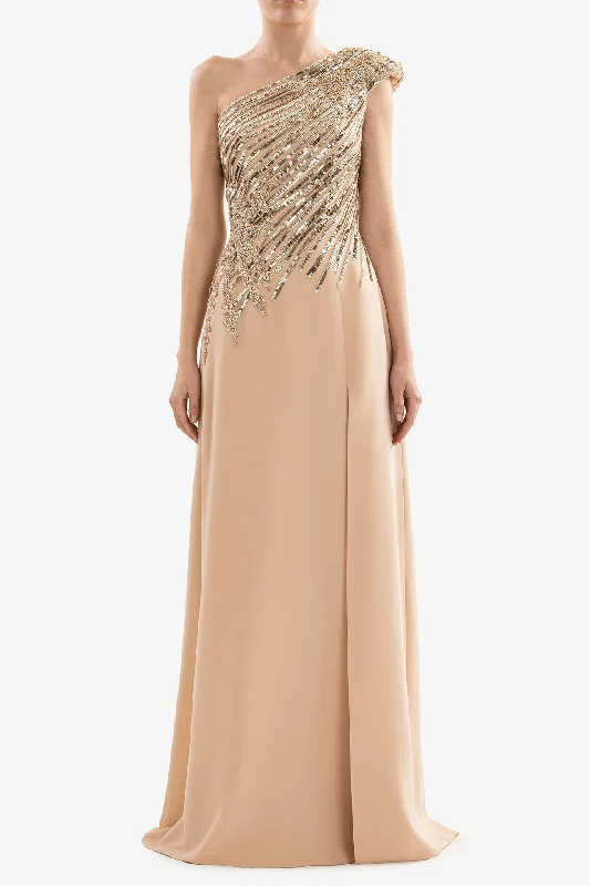 One-shoulder dress with cascading gold sequins Party Sequin Dress