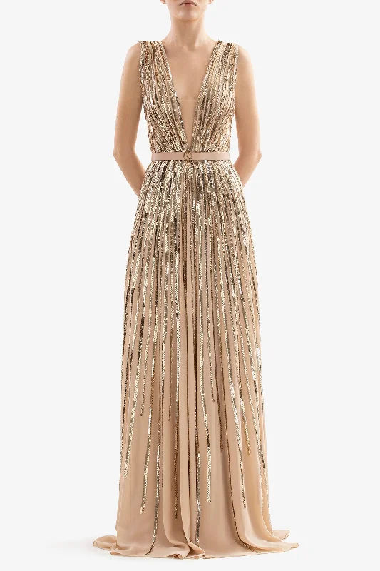 Plunging neckline georgette dress with gold sequins Chic Sequin Dress