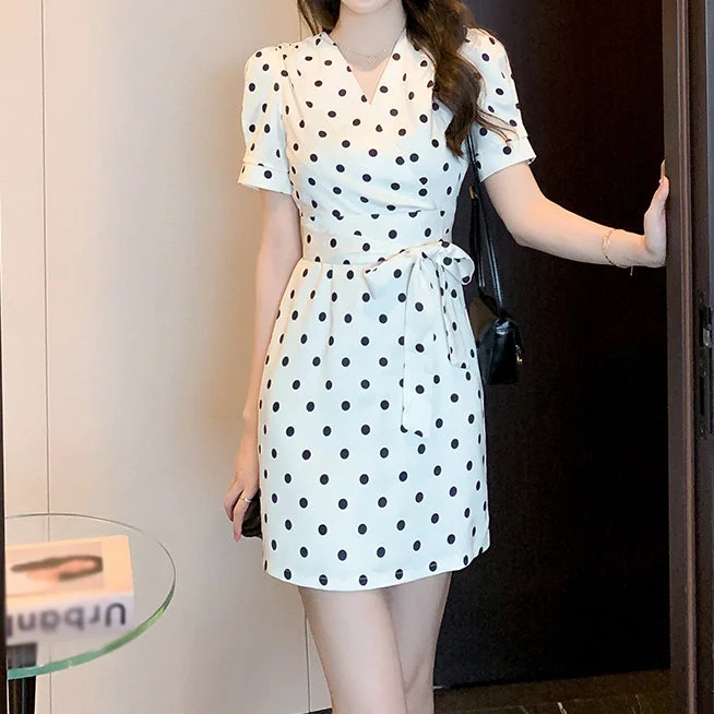 Polka Dot V-Neck Slim Puff Sleeve Lace-Up Dress Sheer Lace Dress