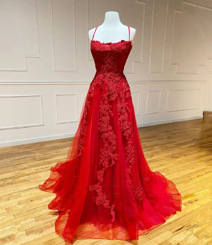 Red Long Prom Dresses Chic & Modern Lace Applique Straps Formal Dress Lace Detail Gown