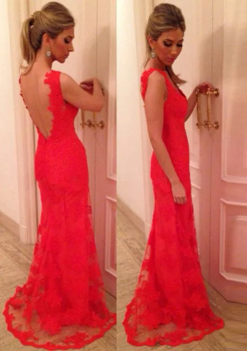 Red Prom Dresses, Sheath/Column V Neck Sleeveless Sweep Train Lace Prom Dress With Appliqued Lace Dress for Women Red Prom Dresses, Sheath/Column V Neck Sleeveless Sweep Train Lace Prom Dress With Appliqued Lace Dress for Women