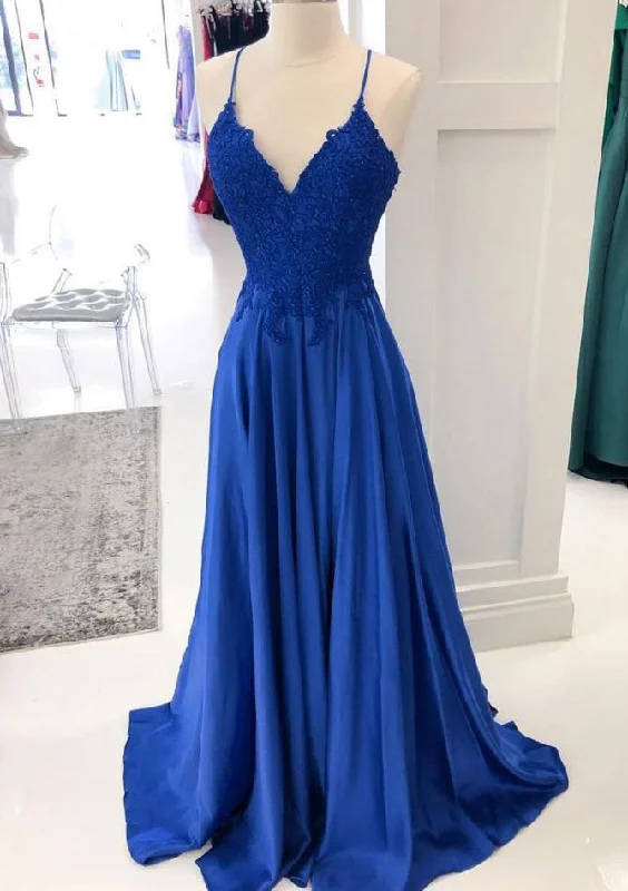 Royal Blue Prom Dresses, A-line V Neck Sleeveless Long/Floor-Length Charmeuse Prom Dress With Appliqued Beading Lace Lace Evening Gown Royal Blue Prom Dresses, A-line V Neck Sleeveless Long/Floor-Length Charmeuse Prom Dress With Appliqued Beading Lace Lace Evening Gown