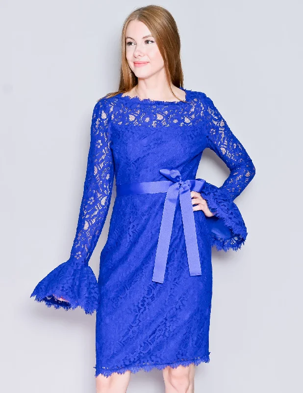 SHANI Blue Lace Bell-Sleeve Dress (4) Full Lace Dress