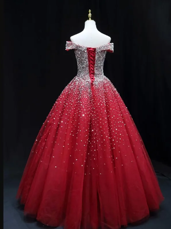 Shiny Red Sequins Pretty Long Formal Dress, Dark Red Sweet 16 Dresses Stylish Sequin Dress