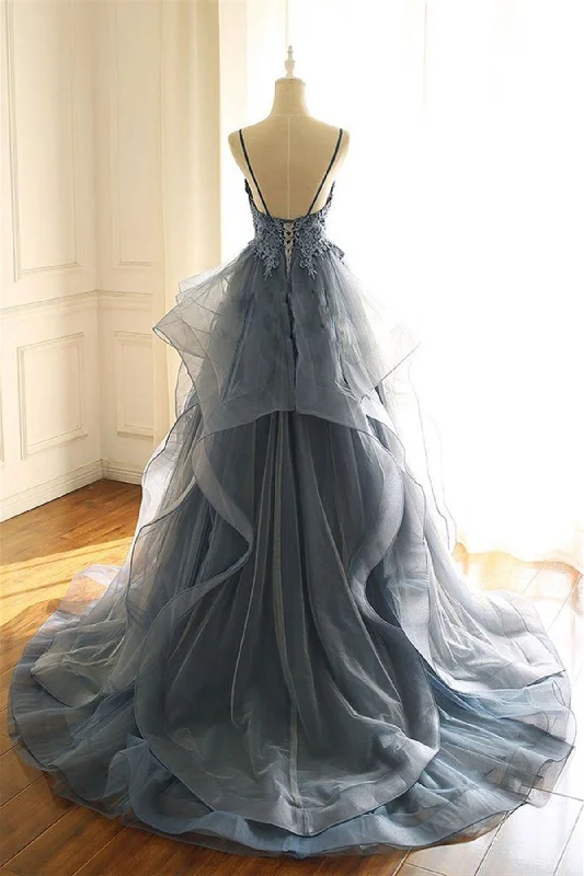 V Neck Blue Gray Lace Prom Dresses, Blue Gray Lace Formal Graduation Prom Gown Lace Dress Summer V Neck Blue Gray Lace Prom Dresses, Blue Gray Lace Formal Graduation Prom Gown Lace Dress Summer